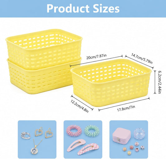 3 Pack Yellow Plastic Storage Baskets, Small Plastic Basket, Plastic Bins Organizer Bins, Organizer Bins for Room, Bathrooms, Room,Pantries,Countertops