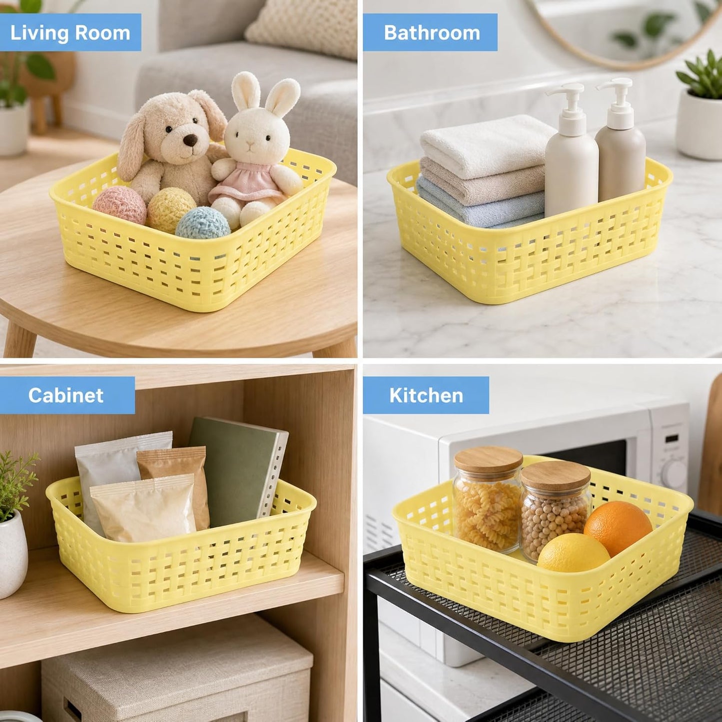 3 Pack Yellow Plastic Storage Baskets, Small Plastic Basket, Plastic Bins Organizer Bins, Organizer Bins for Room, Bathrooms, Room,Pantries,Countertops