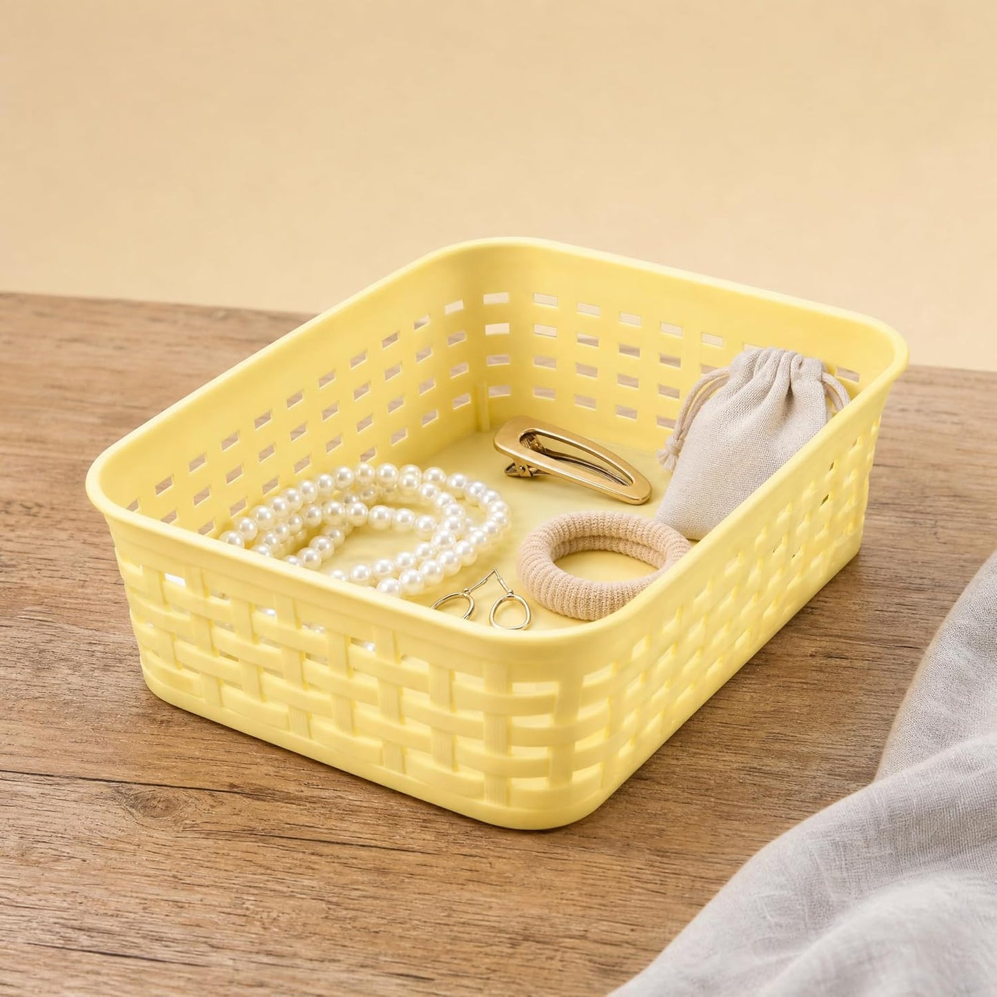 3 Pack Yellow Plastic Storage Baskets, Small Plastic Basket, Plastic Bins Organizer Bins, Organizer Bins for Room, Bathrooms, Room,Pantries,Countertops