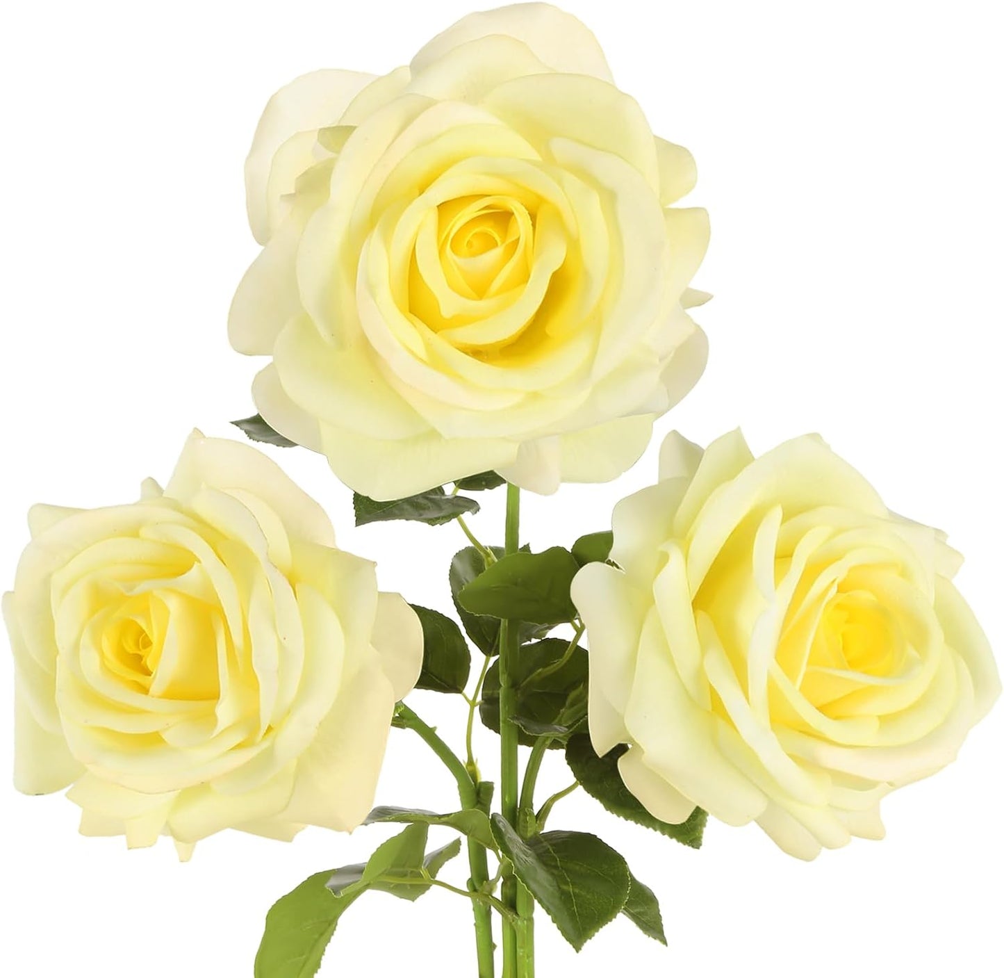 Real Touch Yellow Roses Artificial Flowers 3Pcs Latex Faux Roses Flowers with Long Stem 25” Lifelike Fake Roses for DIY Wedding Bouquet Table Centerpiece Home Party Decorations (Light Yellow)