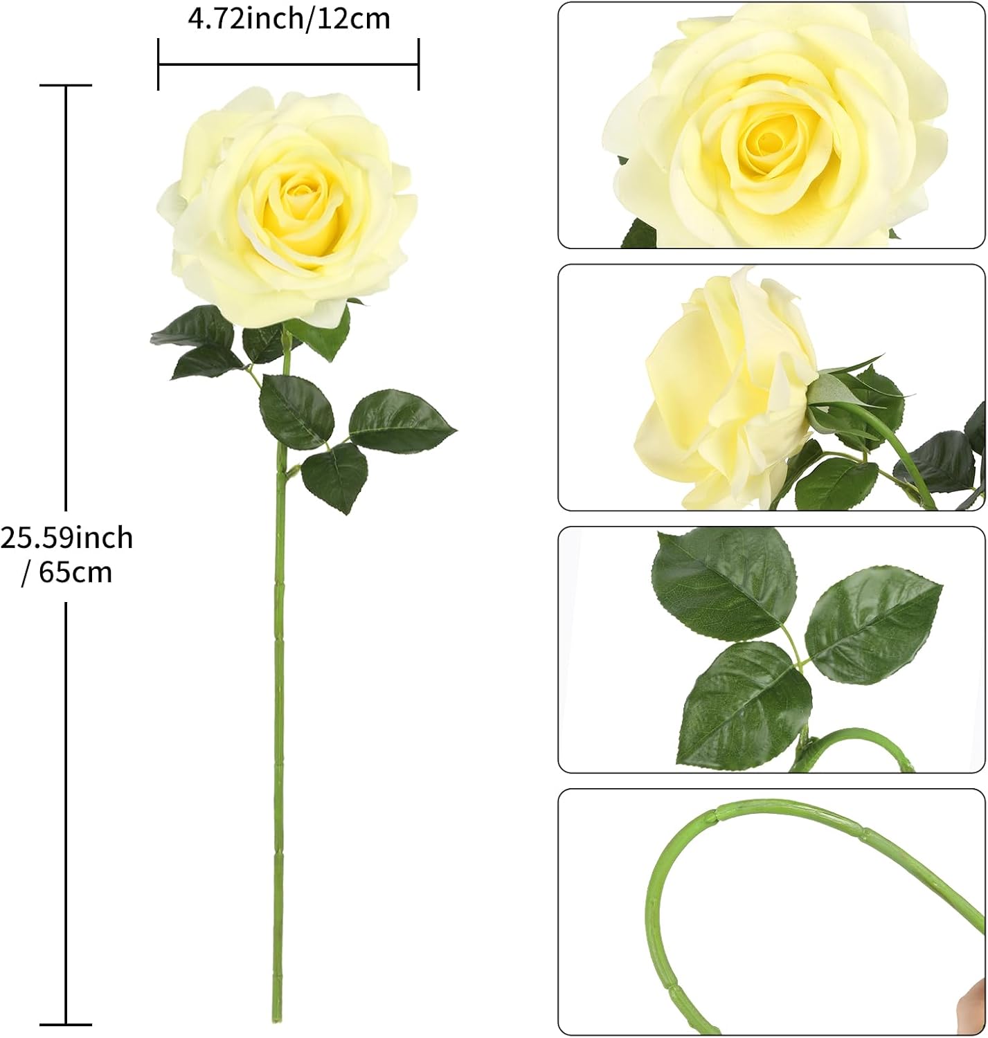 Real Touch Yellow Roses Artificial Flowers 3Pcs Latex Faux Roses Flowers with Long Stem 25” Lifelike Fake Roses for DIY Wedding Bouquet Table Centerpiece Home Party Decorations (Light Yellow)