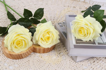 Real Touch Yellow Roses Artificial Flowers 3Pcs Latex Faux Roses Flowers with Long Stem 25” Lifelike Fake Roses for DIY Wedding Bouquet Table Centerpiece Home Party Decorations (Light Yellow)