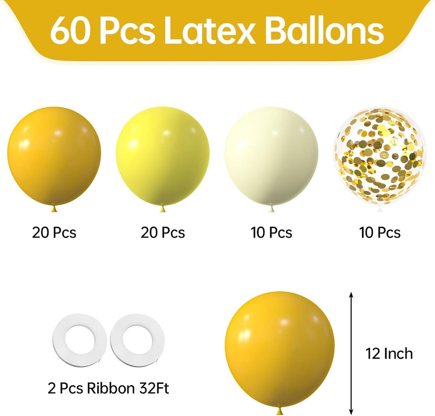 Yellow and Metallic Gold Balloons, 60 Pcs 12 Inch Gold Confetti Latex Balloons for Baby Shower Birthday Bridal Shower Wedding Party Decorations