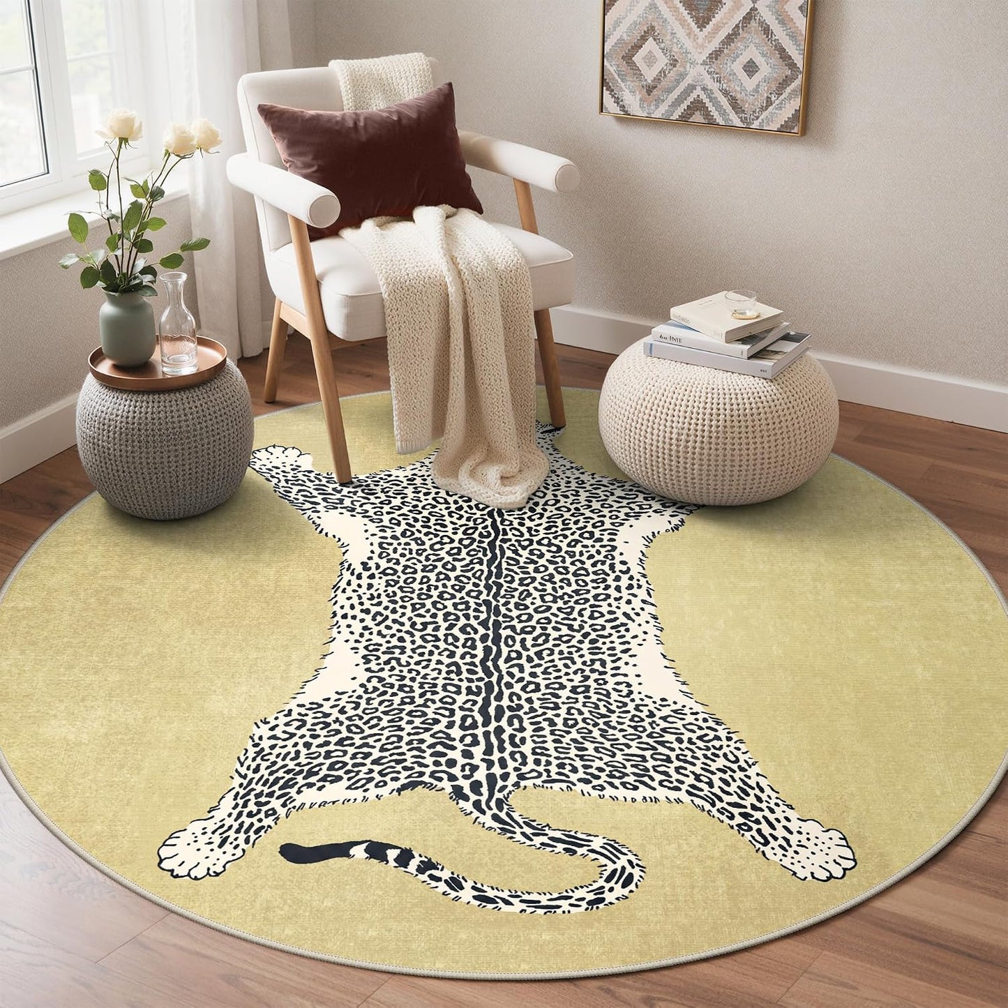 5FT Yellow Leopard Rug, Animal Washable Round Rug | Soft Low Pile Non Slip Cute Animal Rugs for Bedroom Dining，Easy Care For High Traffic Areas，Lightweight to Move
