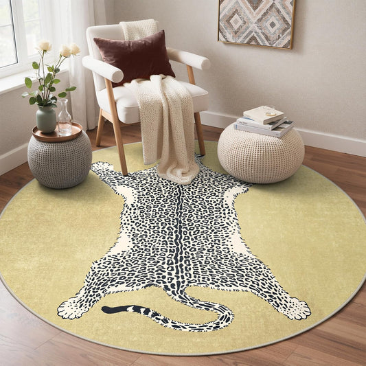 5FT Yellow Leopard Rug, Animal Washable Round Rug | Soft Low Pile Non Slip Cute Animal Rugs for Bedroom Dining，Easy Care For High Traffic Areas，Lightweight to Move