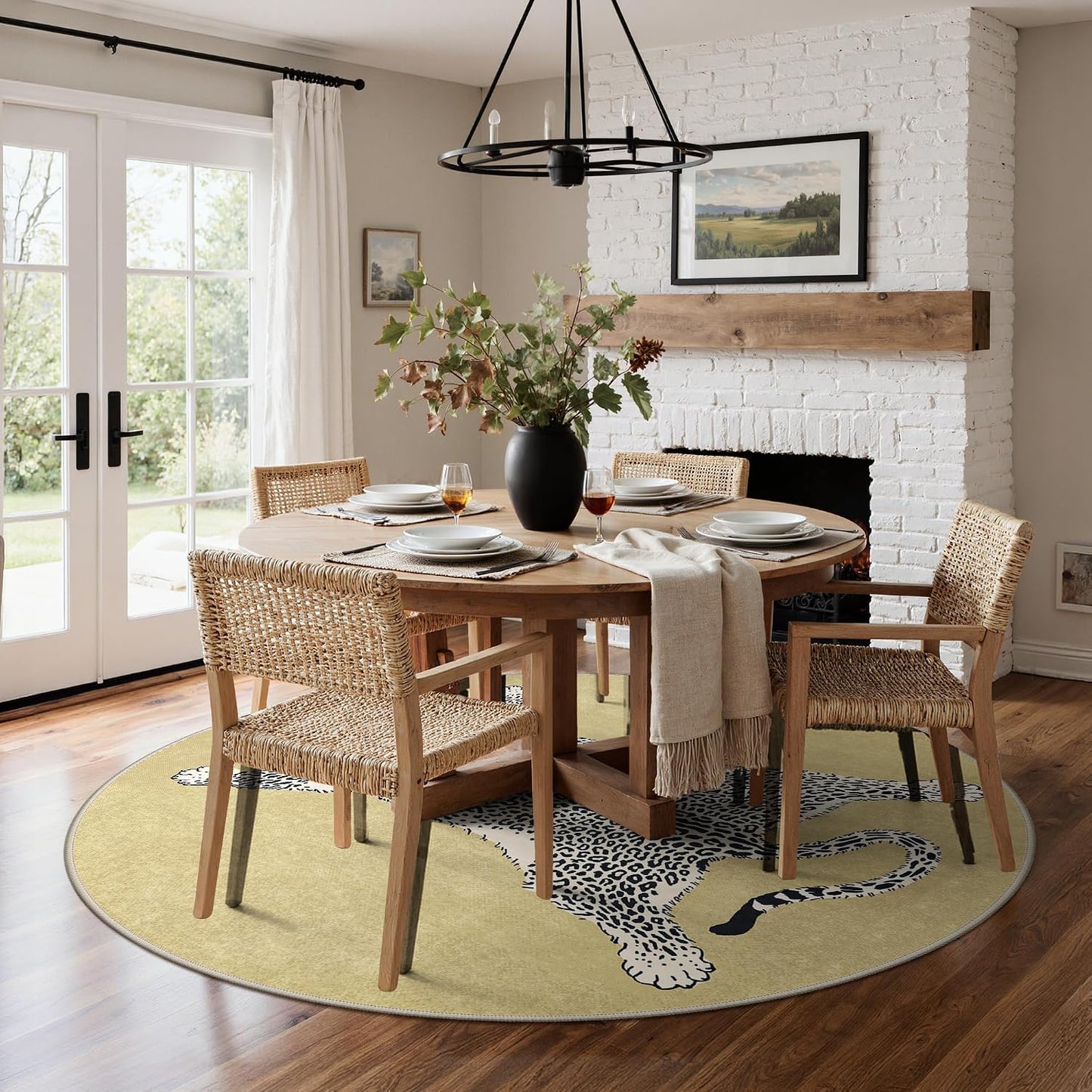 5FT Yellow Leopard Rug, Animal Washable Round Rug | Soft Low Pile Non Slip Cute Animal Rugs for Bedroom Dining，Easy Care For High Traffic Areas，Lightweight to Move