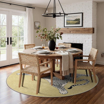 5FT Yellow Leopard Rug, Animal Washable Round Rug | Soft Low Pile Non Slip Cute Animal Rugs for Bedroom Dining，Easy Care For High Traffic Areas，Lightweight to Move