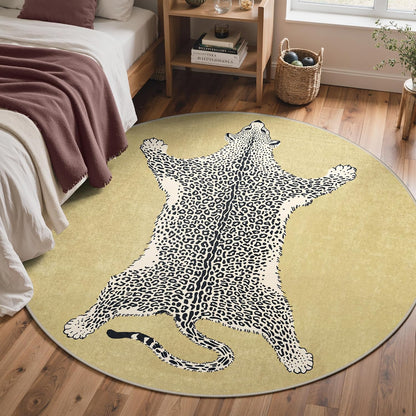 5FT Yellow Leopard Rug, Animal Washable Round Rug | Soft Low Pile Non Slip Cute Animal Rugs for Bedroom Dining，Easy Care For High Traffic Areas，Lightweight to Move