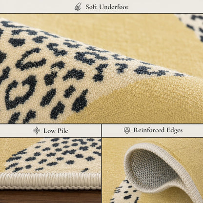 5FT Yellow Leopard Rug, Animal Washable Round Rug | Soft Low Pile Non Slip Cute Animal Rugs for Bedroom Dining，Easy Care For High Traffic Areas，Lightweight to Move