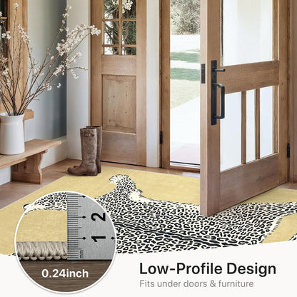 5FT Yellow Leopard Rug, Animal Washable Round Rug | Soft Low Pile Non Slip Cute Animal Rugs for Bedroom Dining，Easy Care For High Traffic Areas，Lightweight to Move