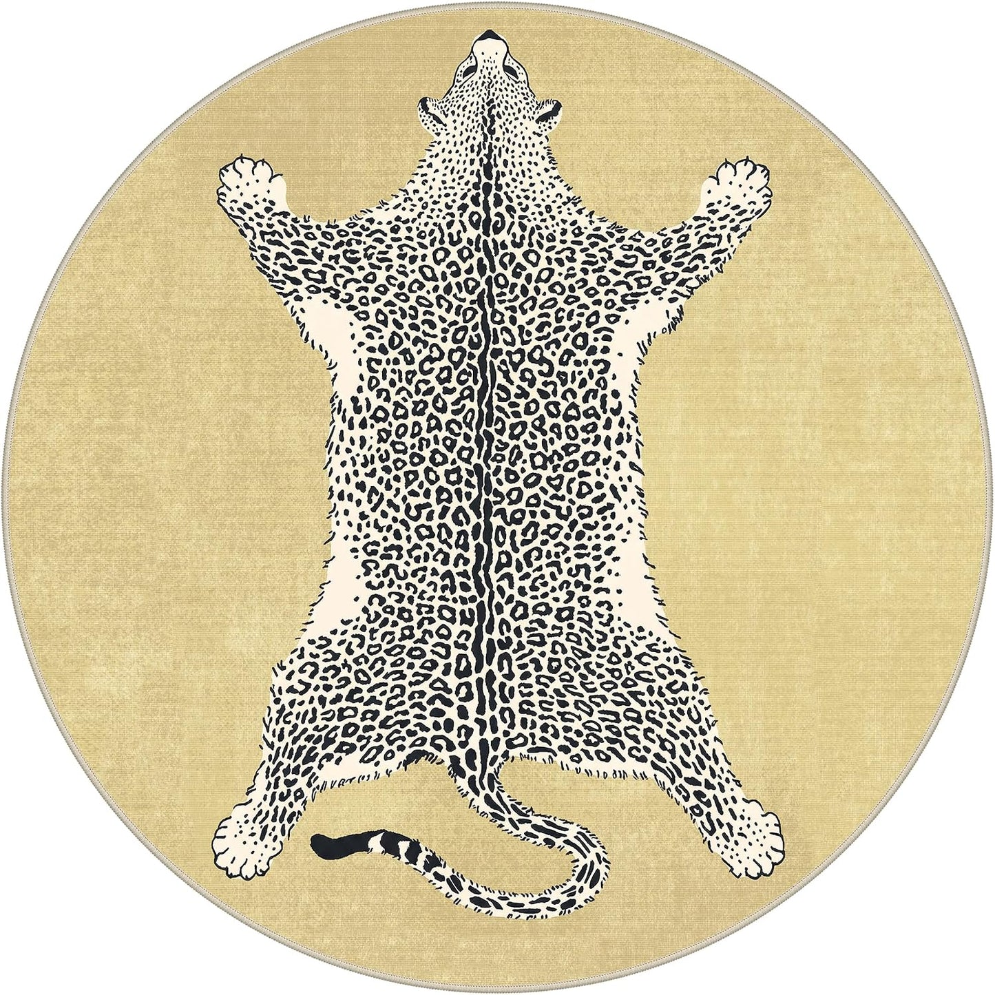 5FT Yellow Leopard Rug, Animal Washable Round Rug | Soft Low Pile Non Slip Cute Animal Rugs for Bedroom Dining，Easy Care For High Traffic Areas，Lightweight to Move