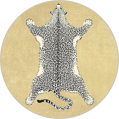 5FT Yellow Leopard Rug, Animal Washable Round Rug | Soft Low Pile Non Slip Cute Animal Rugs for Bedroom Dining，Easy Care For High Traffic Areas，Lightweight to Move