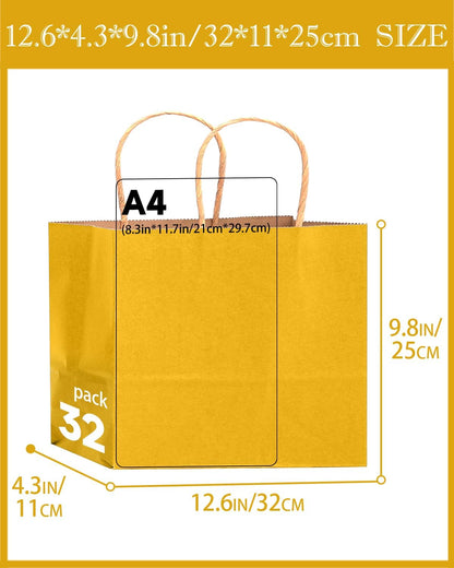 13"x4.5"x10" Large Gift Bag with Handles Bulk 32PCS Gift Paper Bags Yellow Bags Multiple Uses (Wide Large)