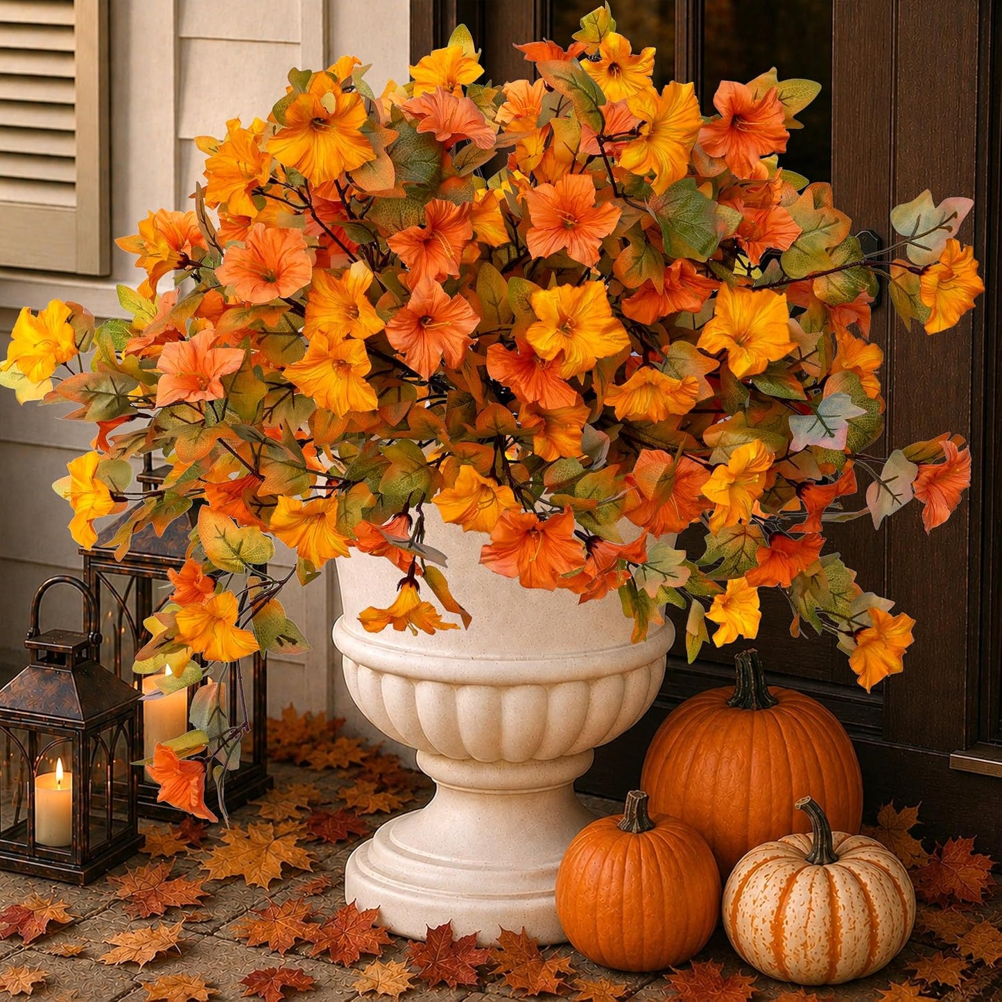 Artificial Fall Flowers Outdoor, 2PCS Fake Mums (Orange Yellow) | Faux fall flowers & fake mums style petunias, UV resistant no fade – porch, urn, planter & autumn decor