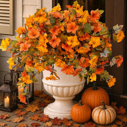 Artificial Fall Flowers Outdoor, 2PCS Fake Mums (Orange Yellow) | Faux fall flowers & fake mums style petunias, UV resistant no fade – porch, urn, planter & autumn decor
