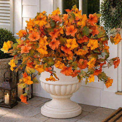 Artificial Fall Flowers Outdoor, 2PCS Fake Mums (Orange Yellow) | Faux fall flowers & fake mums style petunias, UV resistant no fade – porch, urn, planter & autumn decor