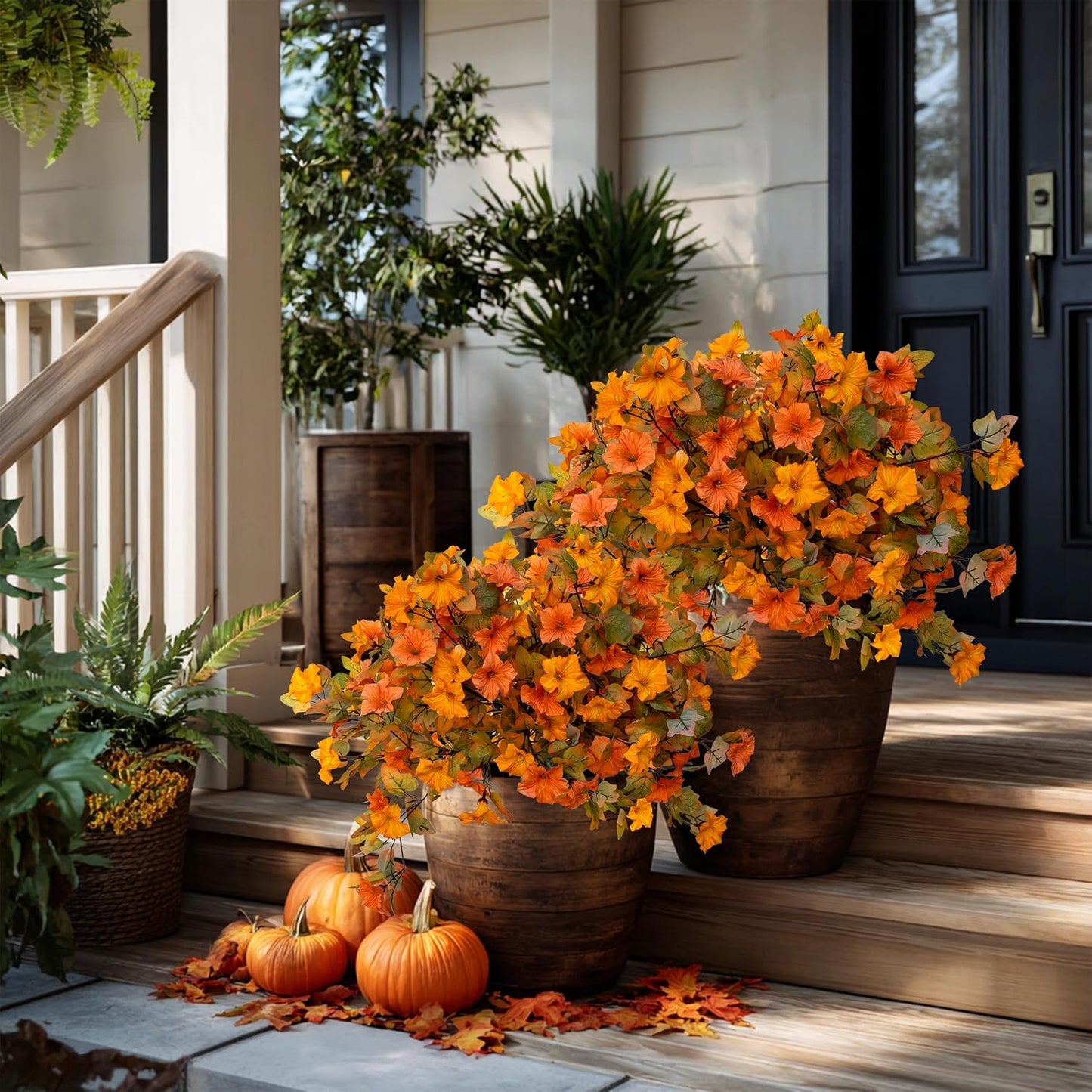 Artificial Fall Flowers Outdoor, 2PCS Fake Mums (Orange Yellow) | Faux fall flowers & fake mums style petunias, UV resistant no fade – porch, urn, planter & autumn decor