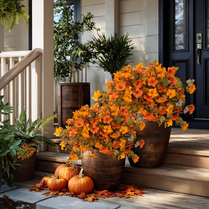 Artificial Fall Flowers Outdoor, 2PCS Fake Mums (Orange Yellow) | Faux fall flowers & fake mums style petunias, UV resistant no fade – porch, urn, planter & autumn decor