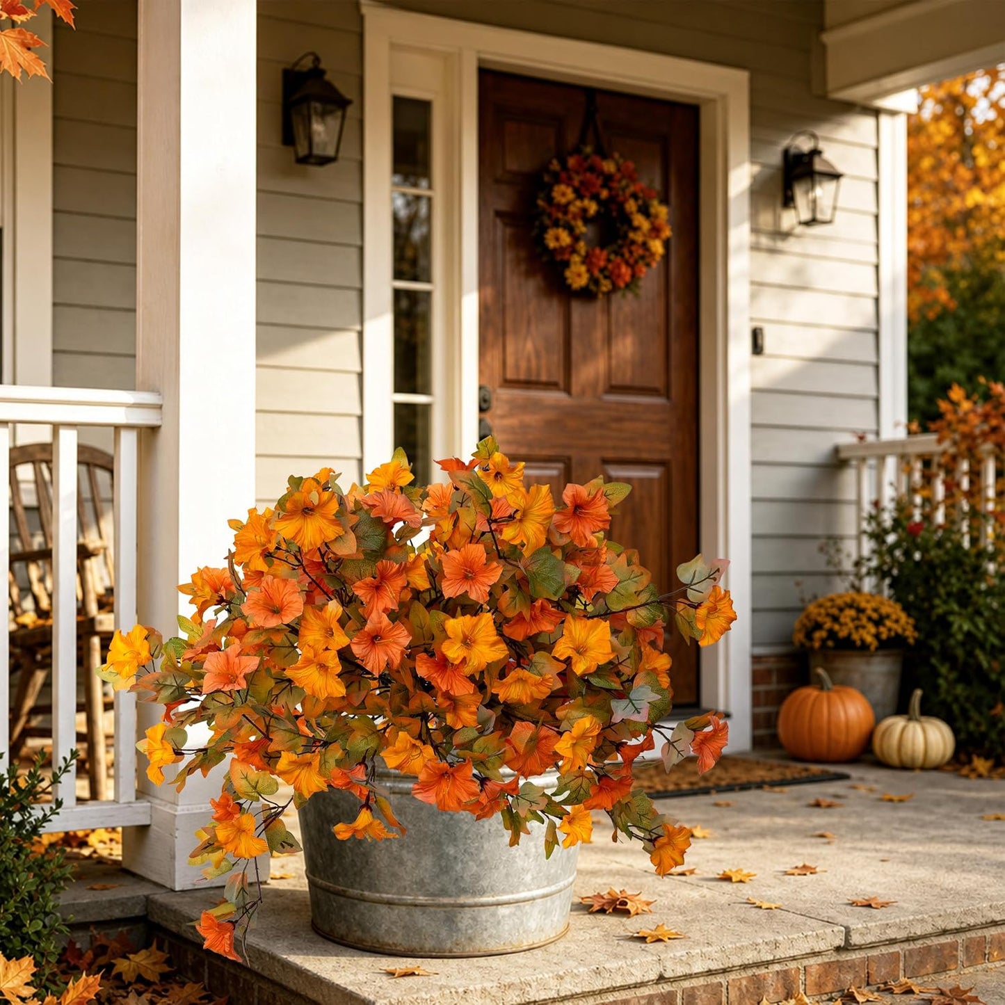 Artificial Fall Flowers Outdoor, 2PCS Fake Mums (Orange Yellow) | Faux fall flowers & fake mums style petunias, UV resistant no fade – porch, urn, planter & autumn decor