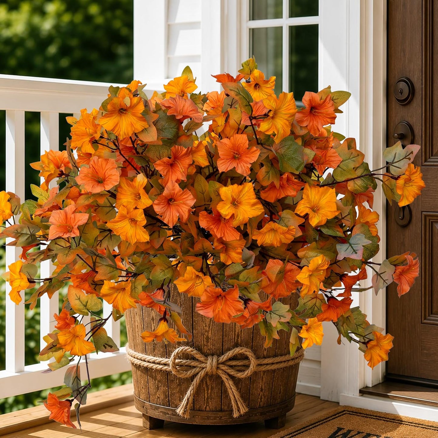 Artificial Fall Flowers Outdoor, 2PCS Fake Mums (Orange Yellow) | Faux fall flowers & fake mums style petunias, UV resistant no fade – porch, urn, planter & autumn decor