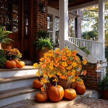 Artificial Fall Flowers Outdoor, 2PCS Fake Mums (Orange Yellow) | Faux fall flowers & fake mums style petunias, UV resistant no fade – porch, urn, planter & autumn decor
