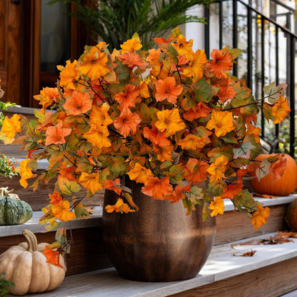 Artificial Fall Flowers Outdoor, 2PCS Fake Mums (Orange Yellow) | Faux fall flowers & fake mums style petunias, UV resistant no fade – porch, urn, planter & autumn decor