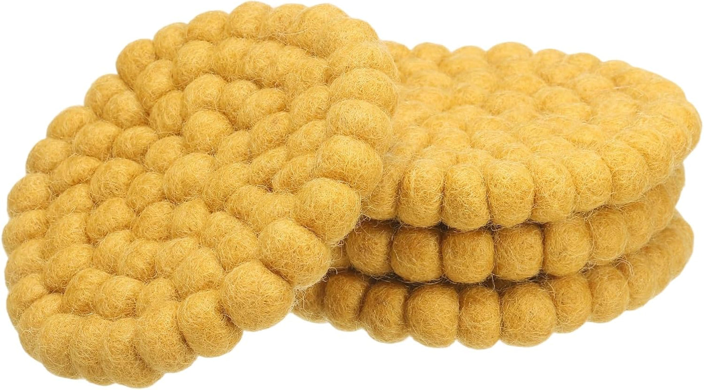 Set of 4 Round Wool Felt Coasters, Absorbent Cute Desk Coaster for Drinks Handmade Felt Table Decor Fun Merino Wool Pads for Bar Home Office Restaurants, Yellow