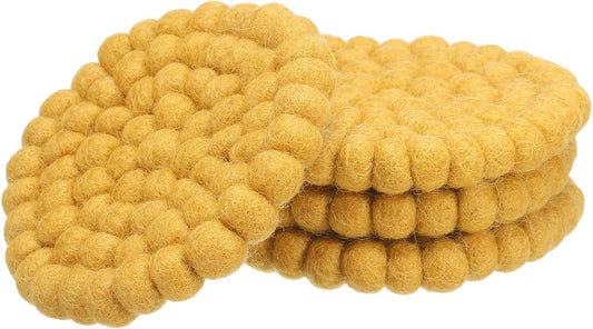 Set of 4 Round Wool Felt Coasters, Absorbent Cute Desk Coaster for Drinks Handmade Felt Table Decor Fun Merino Wool Pads for Bar Home Office Restaurants, Yellow