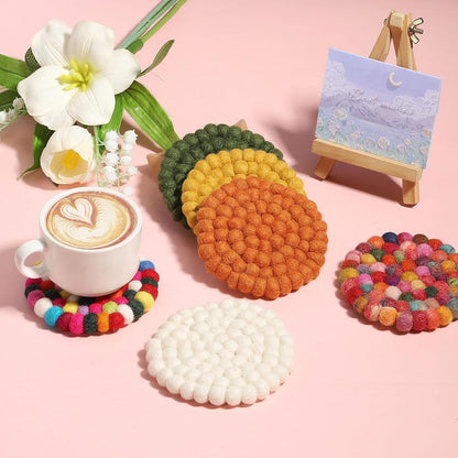 Set of 4 Round Wool Felt Coasters, Absorbent Cute Desk Coaster for Drinks Handmade Felt Table Decor Fun Merino Wool Pads for Bar Home Office Restaurants, Yellow