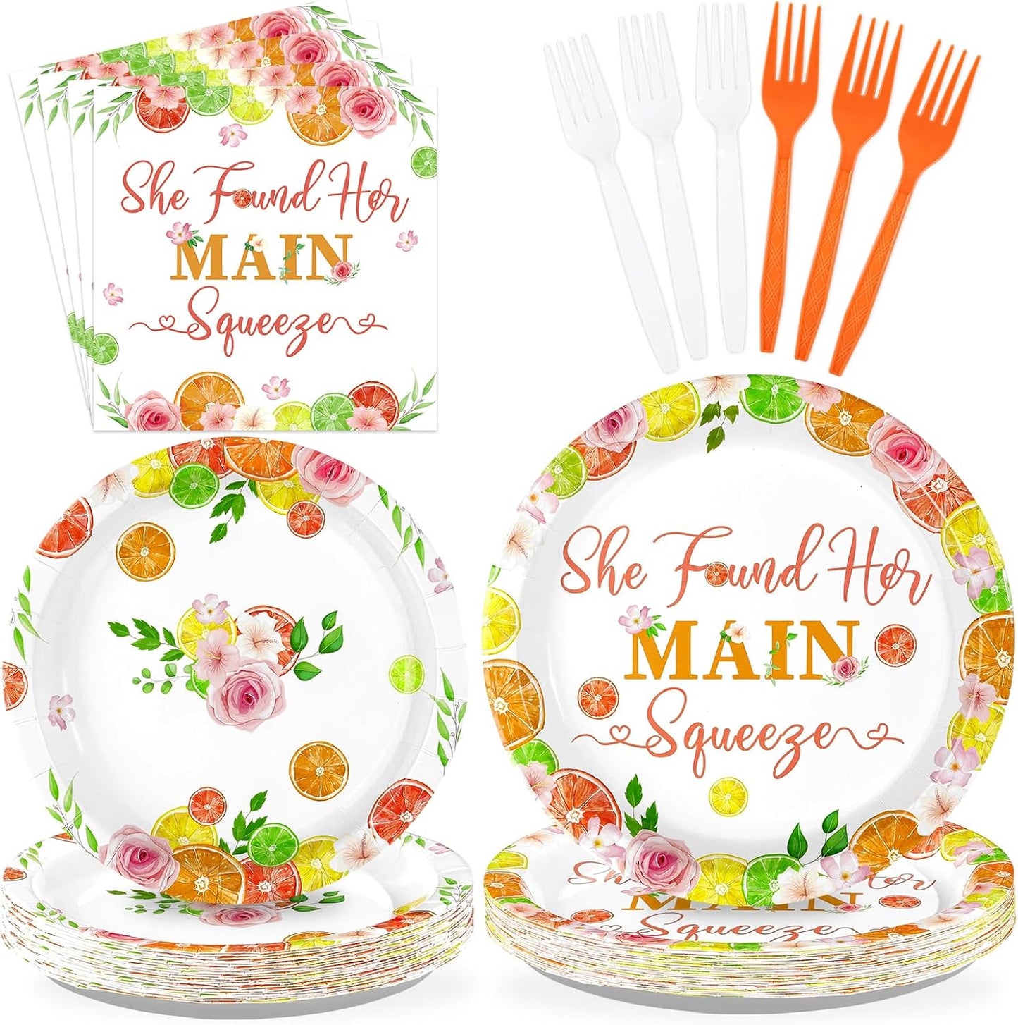 96Pcs She Found Her Main Squeeze Lemon Party Decoration Serves 24 | She Found Her Main Squeeze Plates and Napkins Citrus Lemonade Tableware Set for Bachelorette Wedding Party Supplies