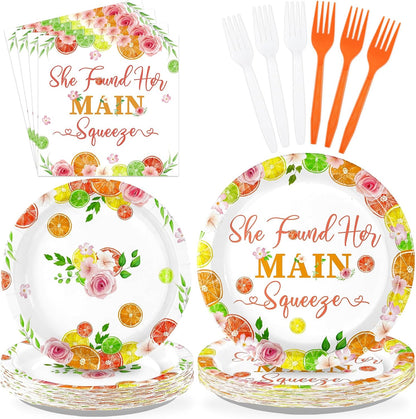 96Pcs She Found Her Main Squeeze Lemon Party Decoration Serves 24 | She Found Her Main Squeeze Plates and Napkins Citrus Lemonade Tableware Set for Bachelorette Wedding Party Supplies