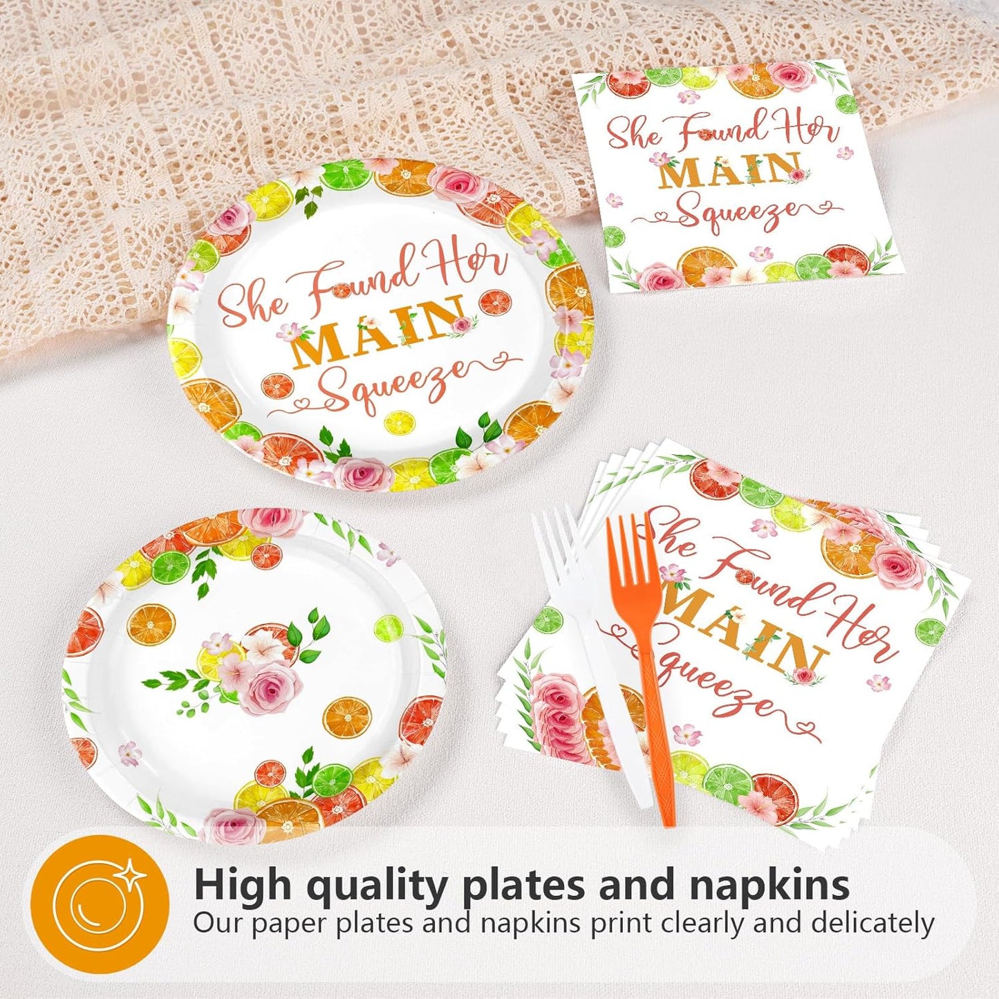 96Pcs She Found Her Main Squeeze Lemon Party Decoration Serves 24 | She Found Her Main Squeeze Plates and Napkins Citrus Lemonade Tableware Set for Bachelorette Wedding Party Supplies