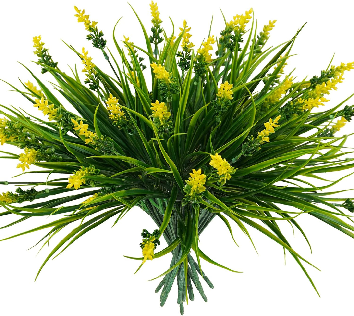 obbsie 12 Bundles Artificial Plants Outdoor, 18.2" UV Resistant Faux Monkey Grass Greenery Stems No Fade Faux Plastic Flowers Shrubs for Home Weddings Garden Porch Front Patio Office Decor - Yellow