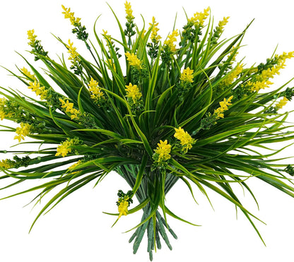 obbsie 12 Bundles Artificial Plants Outdoor, 18.2" UV Resistant Faux Monkey Grass Greenery Stems No Fade Faux Plastic Flowers Shrubs for Home Weddings Garden Porch Front Patio Office Decor - Yellow