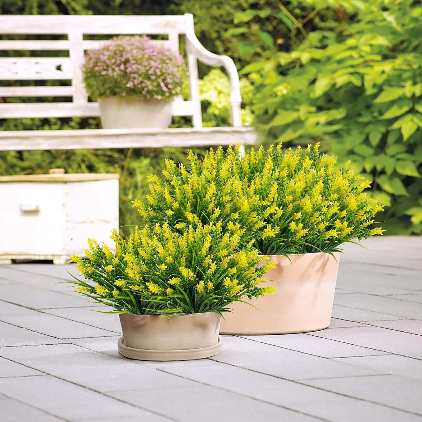 obbsie 12 Bundles Artificial Plants Outdoor, 18.2" UV Resistant Faux Monkey Grass Greenery Stems No Fade Faux Plastic Flowers Shrubs for Home Weddings Garden Porch Front Patio Office Decor - Yellow