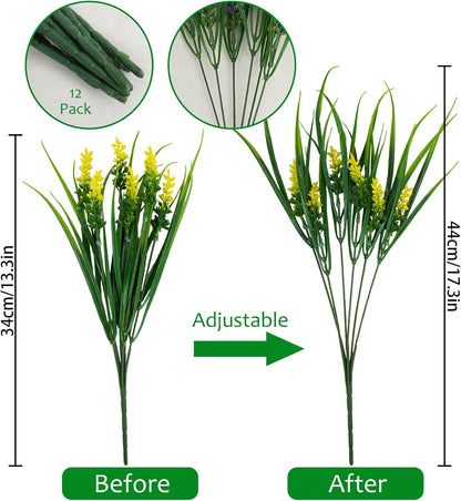 obbsie 12 Bundles Artificial Plants Outdoor, 18.2" UV Resistant Faux Monkey Grass Greenery Stems No Fade Faux Plastic Flowers Shrubs for Home Weddings Garden Porch Front Patio Office Decor - Yellow