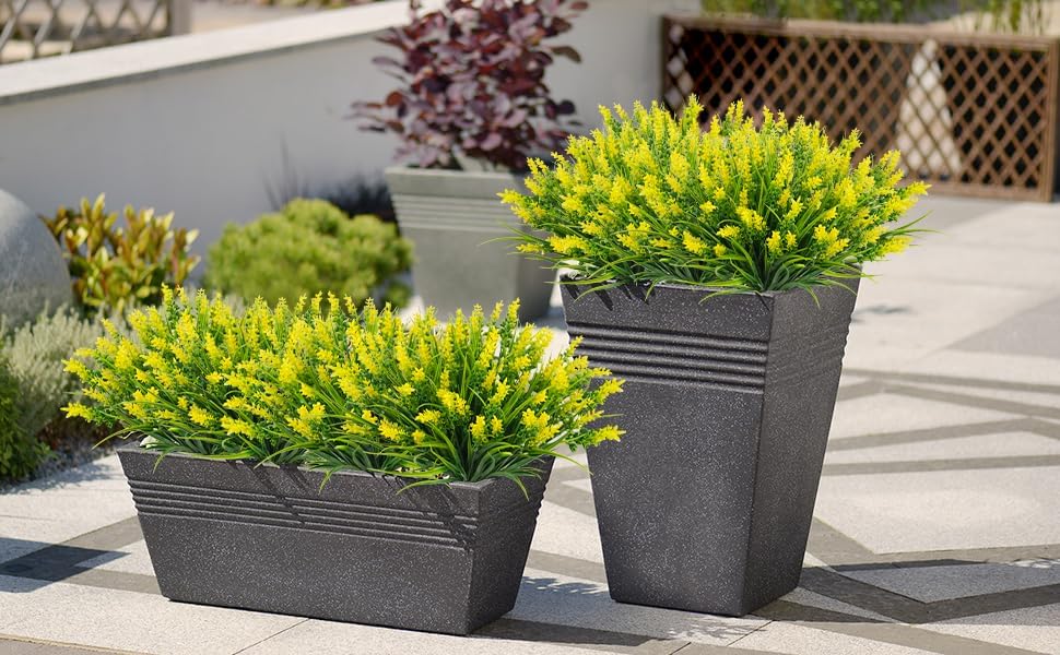 obbsie 12 Bundles Artificial Plants Outdoor, 18.2" UV Resistant Faux Monkey Grass Greenery Stems No Fade Faux Plastic Flowers Shrubs for Home Weddings Garden Porch Front Patio Office Decor - Yellow