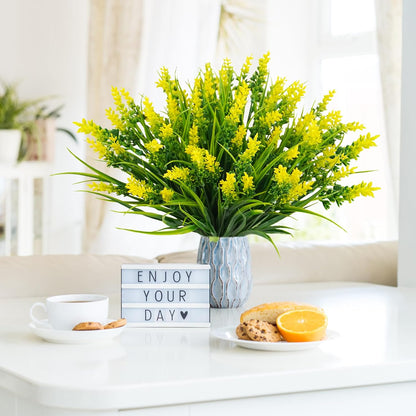 obbsie 12 Bundles Artificial Plants Outdoor, 18.2" UV Resistant Faux Monkey Grass Greenery Stems No Fade Faux Plastic Flowers Shrubs for Home Weddings Garden Porch Front Patio Office Decor - Yellow