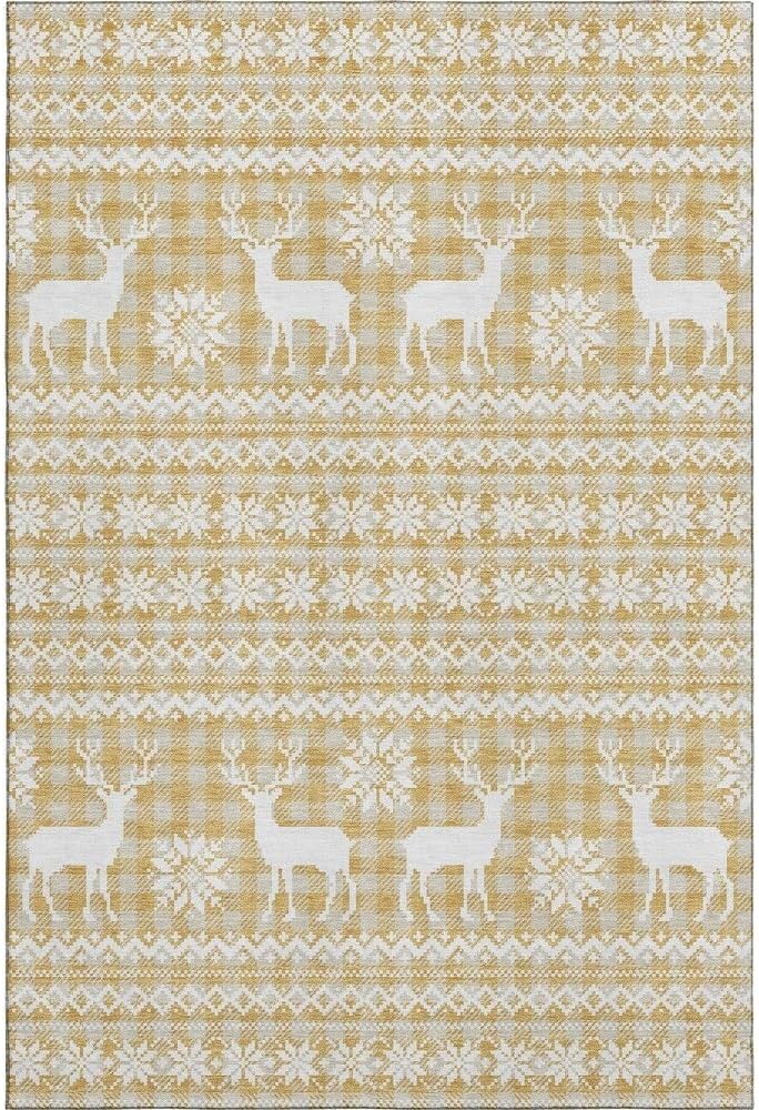 Holiday Festive Theme Soft Plush Thick Pile Christmas Area Rug 2'6" x 3'10"| | Winter Cheer Xmas Playful Deer Snowflakes Plaid Patterns Gold Yellow White Color | Washable Nonslip Indoor Outdoor Rugs