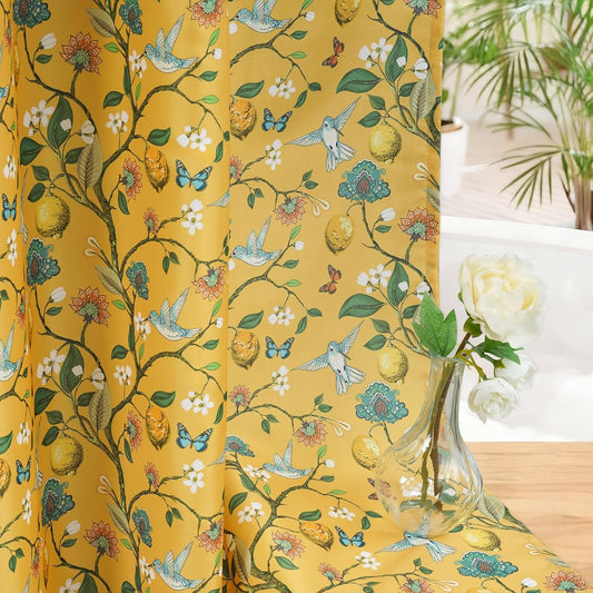 Yellow Floral Bird Shower Curtain 72x72, Hummingbird and Lemon Botanical Fabric Bath Curtains, Lightweight Quick-Dry Bathroom Shower Curtain Set with Hooks
