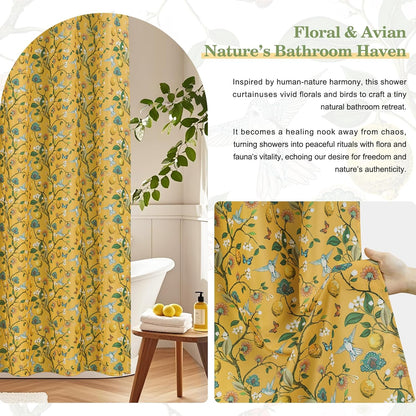 Yellow Floral Bird Shower Curtain 72x72, Hummingbird and Lemon Botanical Fabric Bath Curtains, Lightweight Quick-Dry Bathroom Shower Curtain Set with Hooks