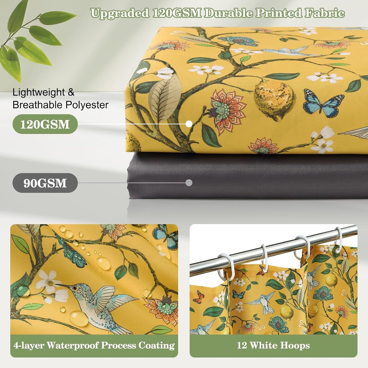 Yellow Floral Bird Shower Curtain 72x72, Hummingbird and Lemon Botanical Fabric Bath Curtains, Lightweight Quick-Dry Bathroom Shower Curtain Set with Hooks