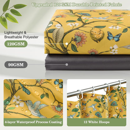 Yellow Floral Bird Shower Curtain 72x72, Hummingbird and Lemon Botanical Fabric Bath Curtains, Lightweight Quick-Dry Bathroom Shower Curtain Set with Hooks