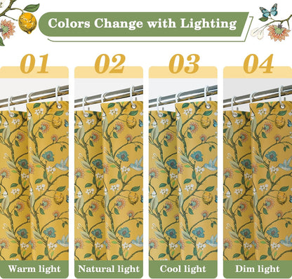 Yellow Floral Bird Shower Curtain 72x72, Hummingbird and Lemon Botanical Fabric Bath Curtains, Lightweight Quick-Dry Bathroom Shower Curtain Set with Hooks