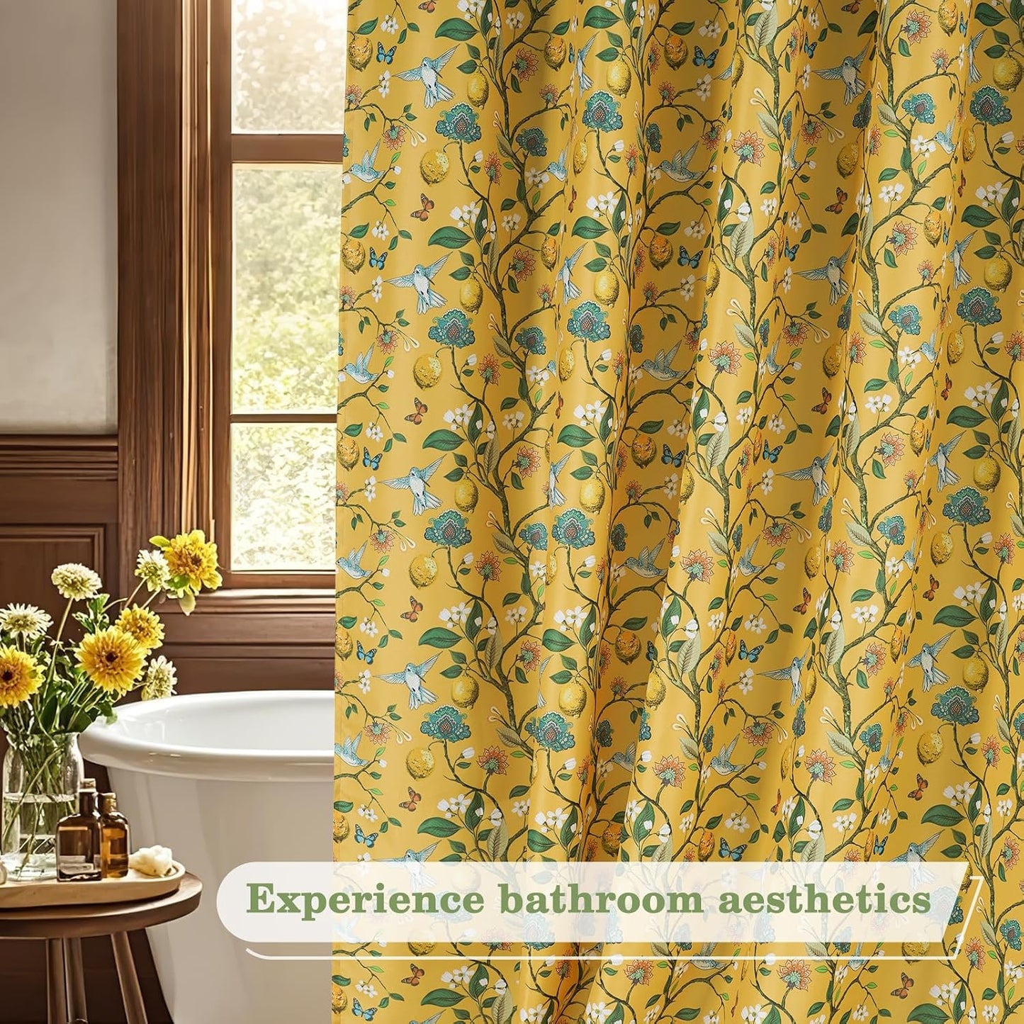 Yellow Floral Bird Shower Curtain 72x72, Hummingbird and Lemon Botanical Fabric Bath Curtains, Lightweight Quick-Dry Bathroom Shower Curtain Set with Hooks