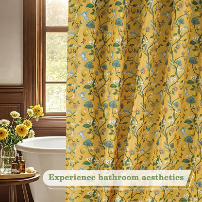Yellow Floral Bird Shower Curtain 72x72, Hummingbird and Lemon Botanical Fabric Bath Curtains, Lightweight Quick-Dry Bathroom Shower Curtain Set with Hooks