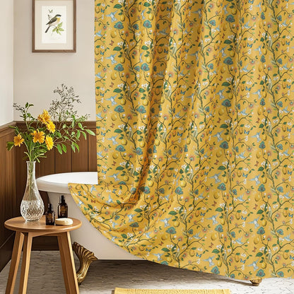 Yellow Floral Bird Shower Curtain 72x72, Hummingbird and Lemon Botanical Fabric Bath Curtains, Lightweight Quick-Dry Bathroom Shower Curtain Set with Hooks