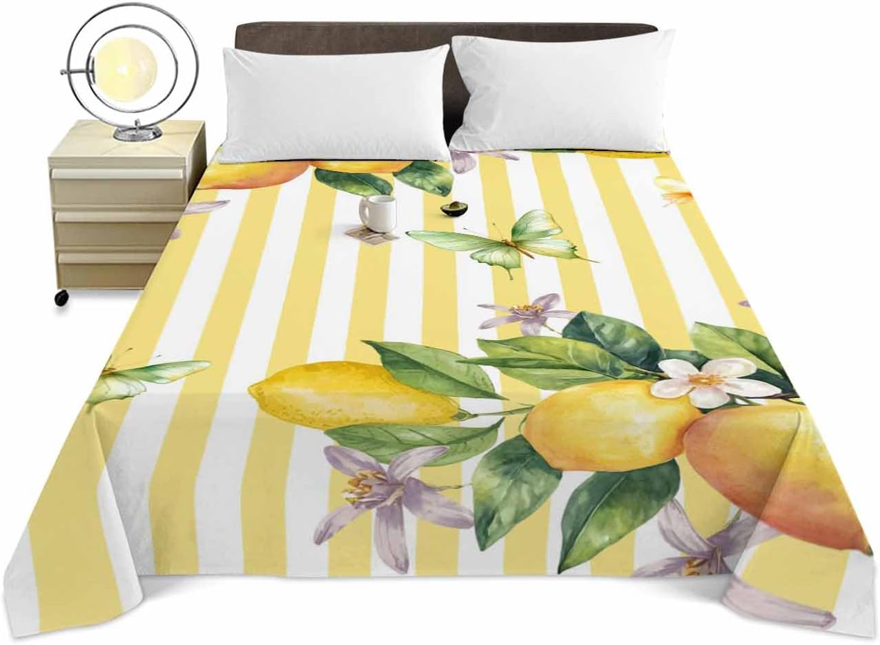 Queen Size Top Sheet Only, Farm Purple White Floral Lemon Flat Sheet Microfiber Breathable Soft Bed Sheets, Butterfly on Yellow Stripe Hotel Bedding Flat Sheets for Bedroom