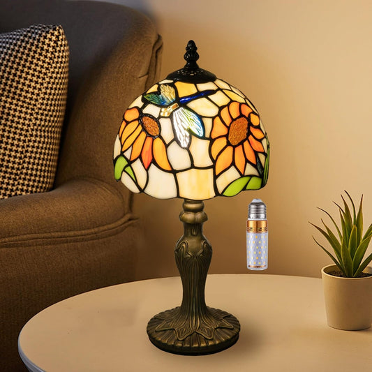 Tiffany Table Lamp,3 Color-Temperature Sunflower Stained Glass Lamp,8 Inch Tiffany Style Lamp for Bedroom Living Room Home, Handcrafted Light, Included Bulb (Yellow Sunflower)