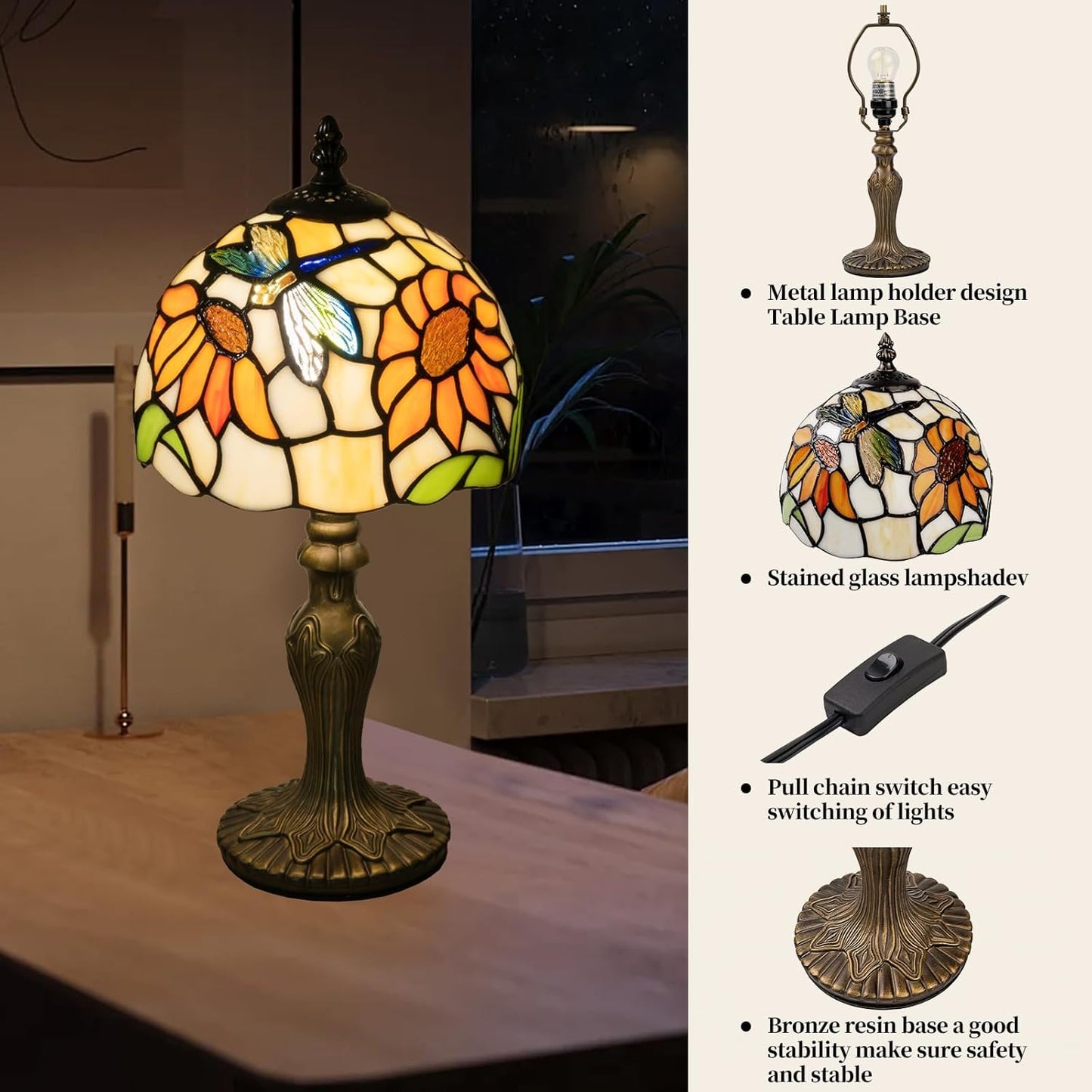 Tiffany Table Lamp,3 Color-Temperature Sunflower Stained Glass Lamp,8 Inch Tiffany Style Lamp for Bedroom Living Room Home, Handcrafted Light, Included Bulb (Yellow Sunflower)